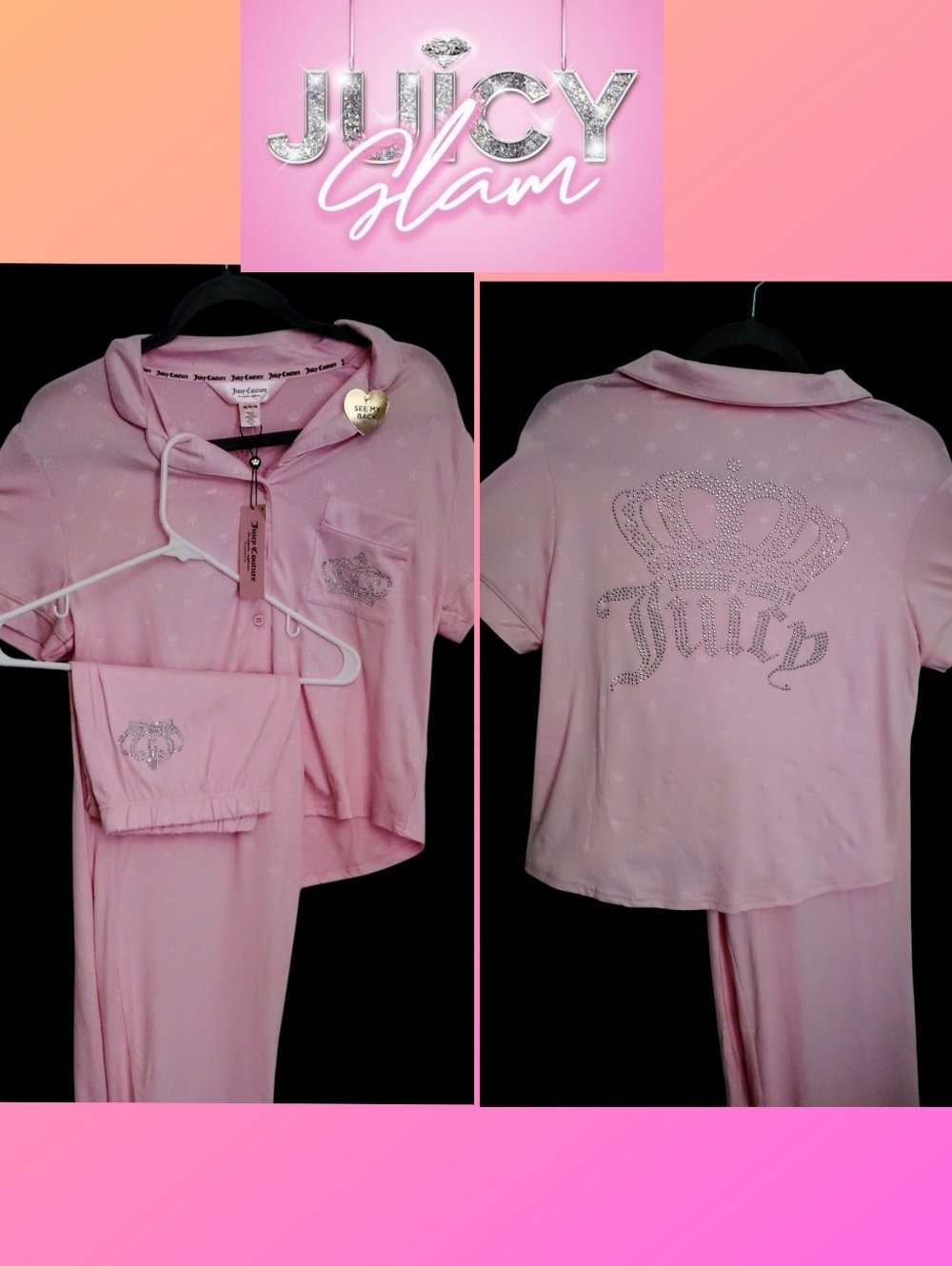 🩷💎*Juicy Couture* "Pink Candy" Rhinestone Crown Logos Pj Set💎🩷